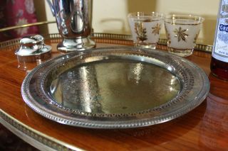 Vintage Silver Tray,  Round Tarnished Wm.  Rogers Farmhouse Tray,  Cocktail Tray