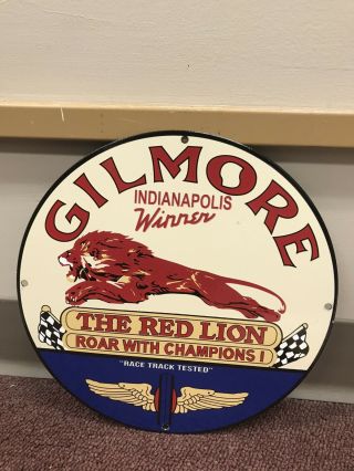 Vtg Gilmore Red Lion Advertising Porcelain Pump Plate Sign Indy 500 Gas & Oil