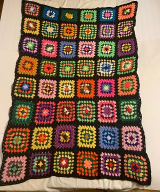 Vintage Granny Square Afghan Blanket Throw Crochet Black Multi Color 43x62 Boho