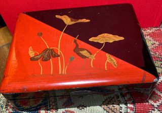 Old Japanese Lacquer Box; Black&red Crane Design Hinged Lid Non Functioning Lock