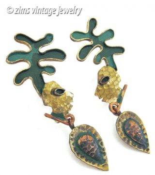 Vintage Casa Maya Signed Mexico Copper Brass Kiss Enamel Figural Dangle Earrings