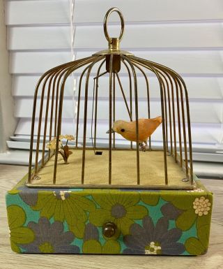 Vintage Mechanical Swinging Bird In Cage Wind Up Music Jewelry Trinket Box Mcm
