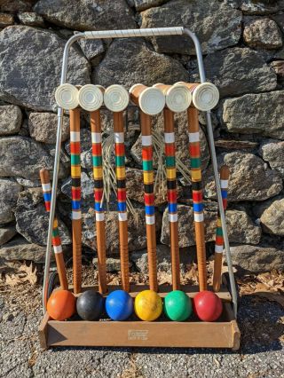 Vintage Forster Wooden 6 Player Croquet Set Wheeled Cart/wickets/balls/mallets