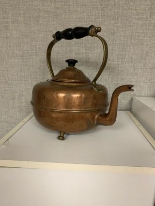 Vintage Copper Tea Pot Kettle Brass And Wood Handle Mfg England