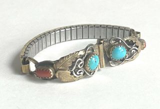 Vintage Navajo Native American Turquoise Coral Watch Band Signed By Artist