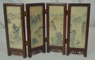 Vintage Asian Miniature 4 Panel Screen Room Divider 2