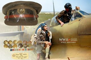Wwii British R.  A.  F.  Royal Air Force Crusher Visor Flight Cap & Goggles,  Ribbons
