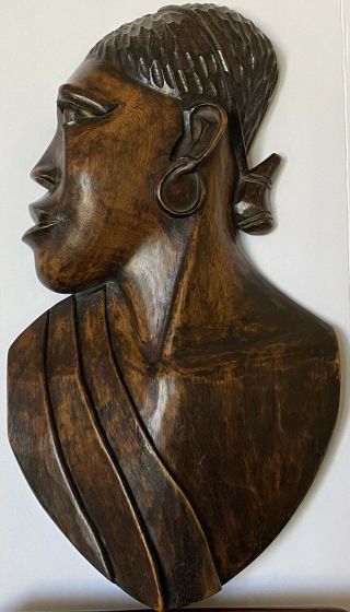 Hand Carved Detailed African Woman Plaque Wall Art Decor Tribal 2 - D Natural Tone