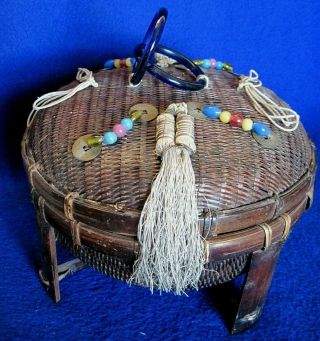 Vintage Chinese Sewing Basket With Legs - Tassels,  Coins,  Beads,  Rings