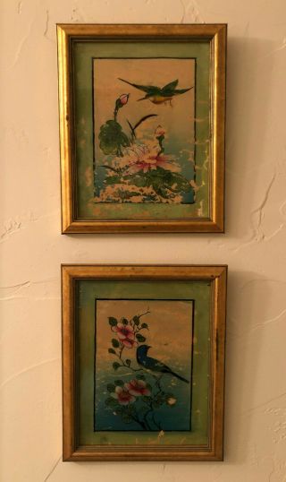 Vintage Chinese Reverse Glass Paintings (2) Framed Birds