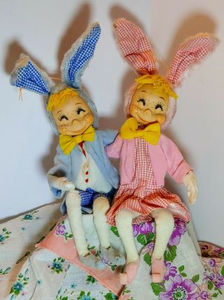 Vintage Rubber Face Rabbit Pose Dolls Poseable Pair Mcm Knee Hugger Japan Made