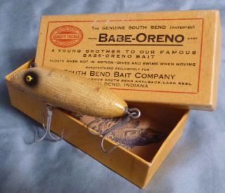 Scarce Vintage Wood Fishing Lure South Bend Babe Oreno Luminous Box In