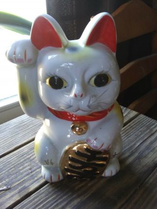 Maneki Neko Ceramic Beckoning Lucky White Cat Bank,  8 " Good Luck Asian Japan