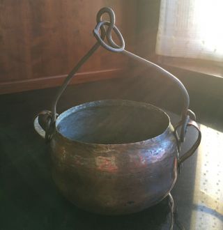 Antique/vintage Copper Small Hanging Pot With Handle - Age Old Patina