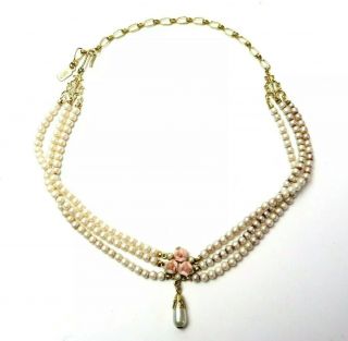 Antique Vintage 1928 Choker Necklace Roses Gold 3 Strand Pearls Art Deco Nouveau