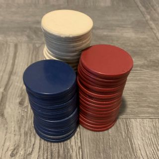 51 Antique Clay Poker Chips 1.  25 " Inch Diameter Colors 18 - Red 23 - White 16 - Blue