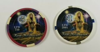 Four Queens Las Vegas,  Nv - Set Of 2 - $1 & $5 Real Millennium Casino Chips