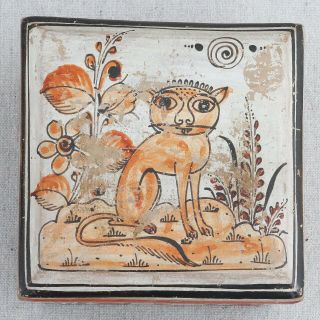 Vintage Mexican Tonala Burnished Pottery Painted Cat Lidded Trinket Stash Box 5 "