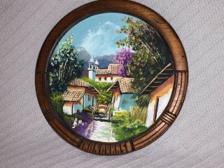 Hand Painted Round Wood Wall Hanging Plaque Village Honduras Colorful Souvenir
