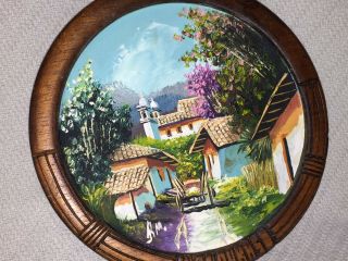Hand Painted Round Wood Wall Hanging Plaque Village HONDURAS colorful souvenir 3