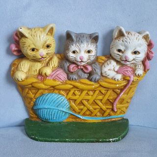 Vintage Cast Iron Doorstop 3 Kittens Kitty Cats In Basket Made In China