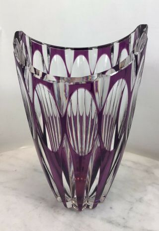 Vintage Bohemian Cut Crystal Glass Clear Purple Vase 8”