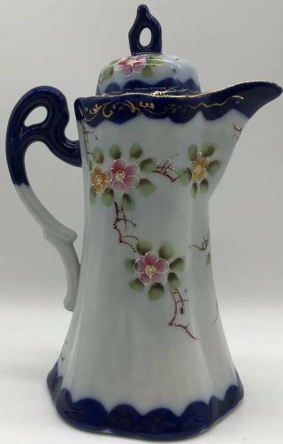 Chocolate Pot Porcelain Japan Hand Painted Blue White Floral Design Gold Trim