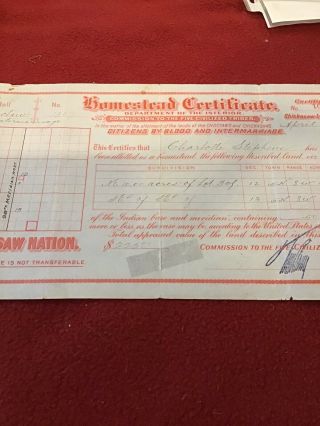 Homestead Certificate Commission For The Five Civilized Tribes Chickasaw 1905