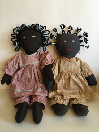 2 Handmade Primitive Folk Art Black Americana Style Rag Dolls