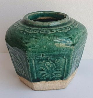 Chinese Vintage Green Ceramic Hexagonal Ginger Jar - Floral Pattern