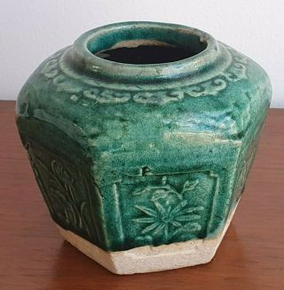 Chinese Vintage Green Ceramic Hexagonal Ginger Jar - Floral Pattern 2