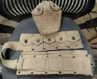 Wwii Us M1923 Cartridge Belt M1 Garand Dated 1942 And Canteen Cover,