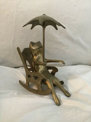 Solid Brass Frog Sitting On A Rocking Chair With Umbrella Figure