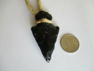 Large 2.  75 " Black Obsidian Arrow Head Flint Stone,  Vintage,  Braided Cord,