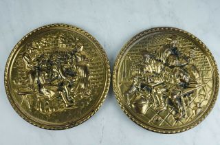 Pair Vintage Brass Wall Hang Plate Charger English Pub Scene Holland 8”