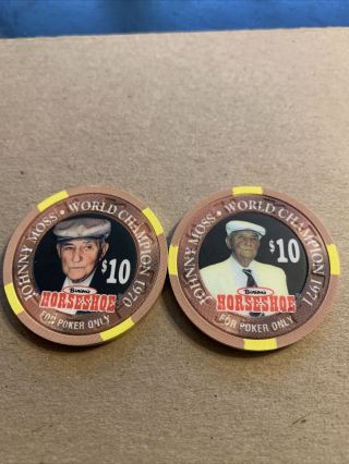 (2) Johnny Moss $10 Binion’s Horseshoe Las Vegas Nevada Casino Chips Rare