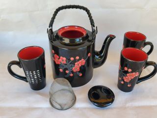 Japanese Black Snow Cherry Blossom Sakura Tea Set Ceramic Teapot