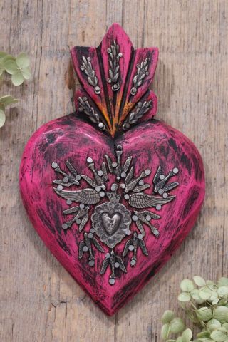 Pink Sacred Heart Wood & Guadalupe Milagros Miracle Mexican Folk Art Michoacán