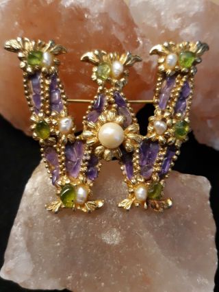 Vintage Swoboda Signed Letter Initial W Amethyst Peridot Pearl Brooch Large Pin