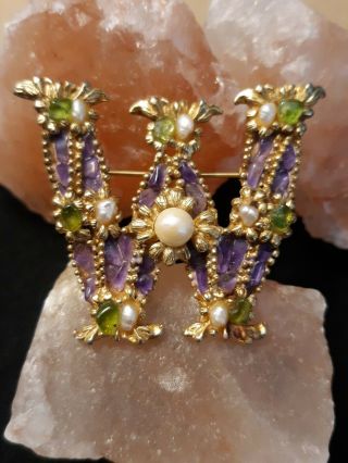 VINTAGE SWOBODA SIGNED LETTER INITIAL W AMETHYST PERIDOT PEARL BROOCH LARGE PIN 3