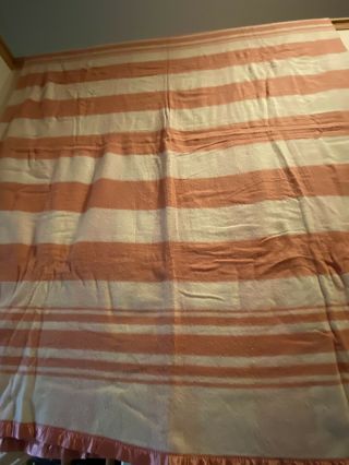 Vintage Camp Blanket,  Pink Stripe With Satin Trim Wool and Cotton,  c.  1940 2
