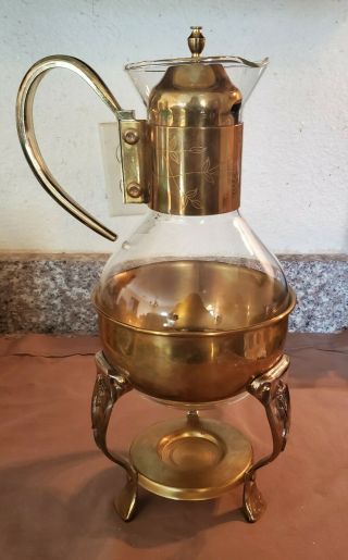 Vintage Brass And Glass Coffee Carafe Pot With Warmer Stand Etch Leaves Flowers