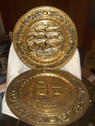 2 Vintage Embossed Brass Wall Plate Sailing Ship At Sea 17 " Made In England