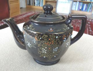Vintage Japanese Porcelain Black Gold Hand Painted Tea Pot