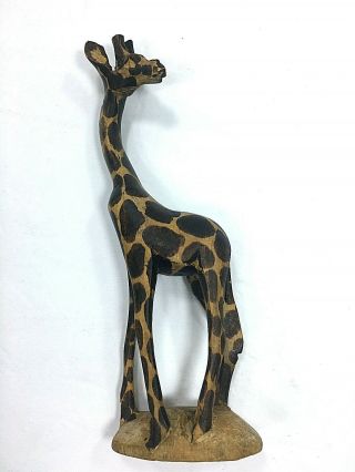 Vintage African Folk Art Hand Carved Wooden Giraffe Figure On Stand 8 " H