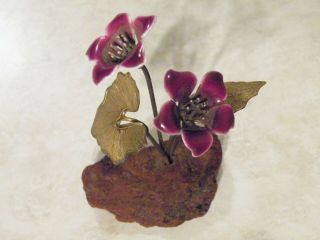 Vintage Mcm Enamel On Copper Purple Flowers On Driftwood Sculpture 4 "