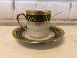 Vintage Limoges France Porcelain Demitasse And Saucer Green Fleur De Lis