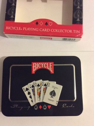 Two Decks Of Bicycle Playing Cards In Collector Tin With Embossed Cards On Cover