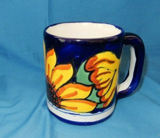 Cobalt Blue Yellow Sunflower Mexican Folk Art Coffee Tea Mug Cup Made In Mexico