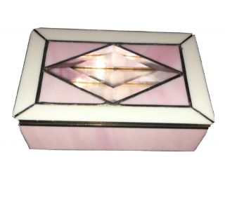Vintage Stained Glass Mirrored Bevelled Jewelry Box Pink White Tiffany Style